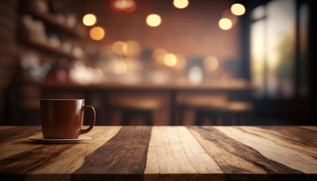 Tavolo con piano in legno in un caffè con luce bokeh e ristorante sfocato sullo sfondo IA generativa