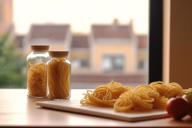 Tavolo con struttura in legno per spaghetti su sfondo sfocato della finestra della cucina IA generativa