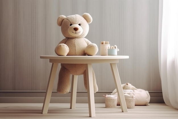 tavolo con un orsetto di peluche nella baby room creative ai