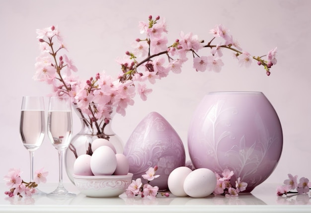 Tavolo con vasi pieni di fiori e uova.