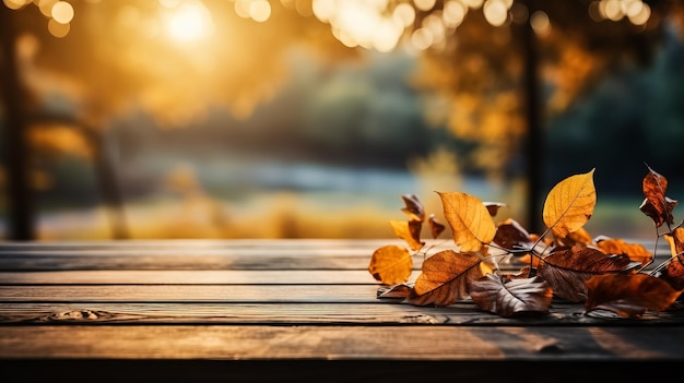 Tavolo d'autunno con foglie gialle e tavola di legno al tramonto nella foresta