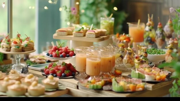 Tavolo da banchetto di catering decorato con un assortimento di aperitivi alimentari diversi AI generativa