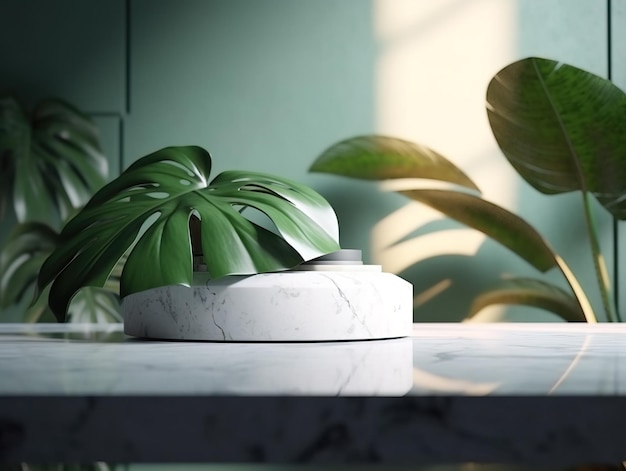 Tavolo da banco in pietra di marmo bianco moderno minimale albero di pianta monstera tropicale alla luce del sole su sfondo verde muro per prodotti cosmetici cosmetici biologici freschi di lusso per la cura della pelle trattamento di bellezza display 3D