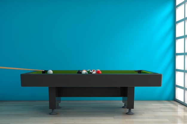 Tavolo da biliardo con set di palle e stecca davanti al muro blu. Rendering 3D