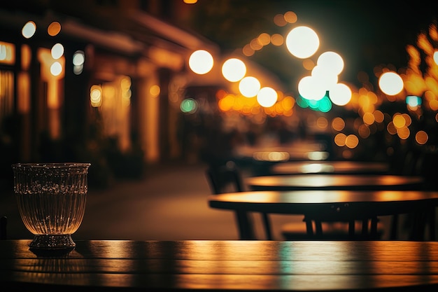 tavolo da caffè all'aperto vuoto di notte con bokeh di strada sfocato e riflessi, perfetto sfondo web