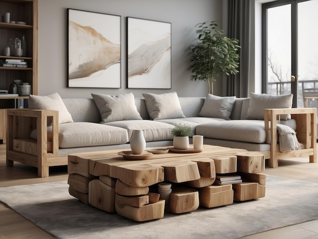 Tavolo da caffè cubico in legno tra divano bianco e poltrone casa in stile scandinavo