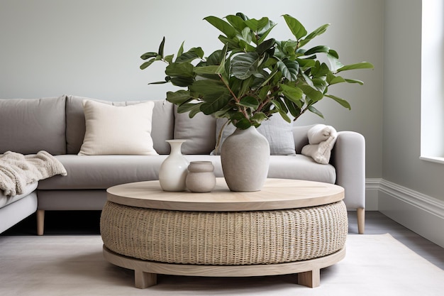 Tavolo da caffè in legno con vegetazione e cesto tessuto da divano nello spazio abitativo
