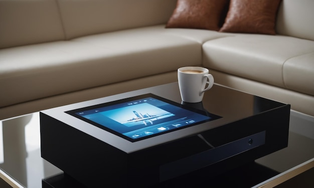 tavolo da caffè intelligente innovativo con schermo tattile incorporato in salotto moderno
