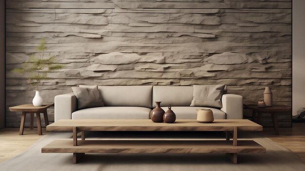 Tavolo da caffè moderno per il soggiorno interno con decorazione a parete in pietra