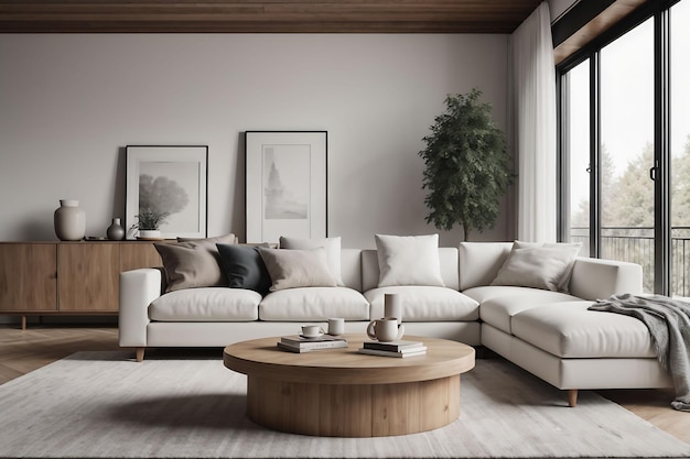Tavolo da caffè rotondo in legno contro divano bianco design d'interno scandinavo di un soggiorno moderno