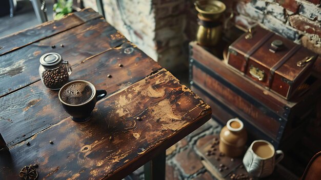 Tavolo da caffè rustico con una tazza di caffè e chicchi di caffè