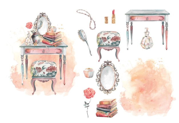Tavolo da camerino vintage per donne, illustrazione ad acquerello disegnata a mano su sfondo di pesche fuzz