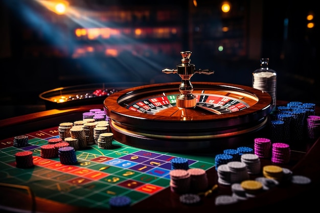 Tavolo da casinò con ruota della roulette e fiches AI