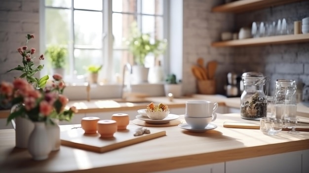 Tavolo da cucina in legno con colazione al mattino IA generativa