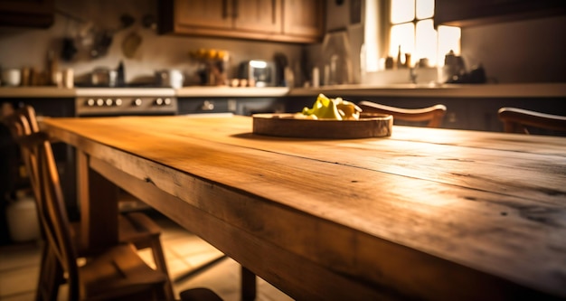 Tavolo da cucina in legno sfondo sfocato