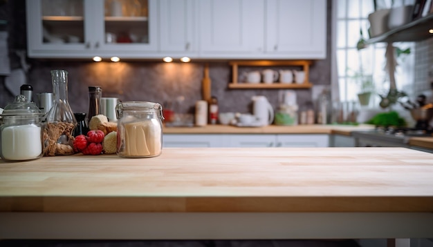 Tavolo da cucina vuoto con sfondo cucina sfocato spazio tavolo isolato per prodotto e cibo Com