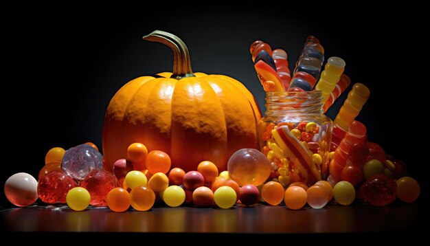 Tavolo da festa di Halloween con zucche e caramelle