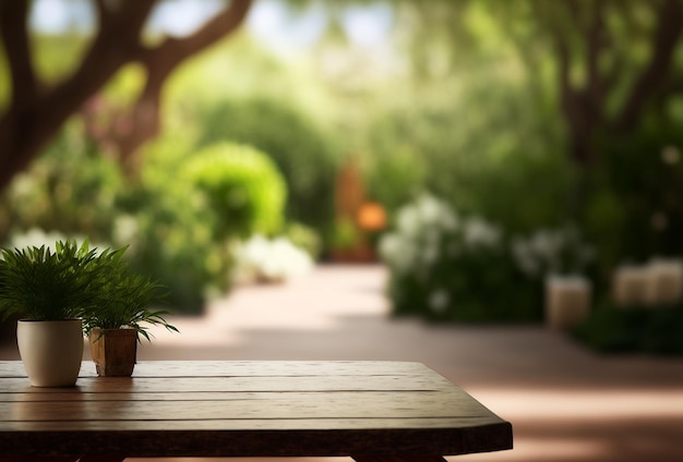 Tavolo da giardino in legno con alberi e fiori e sfondo sfocato IA generativa