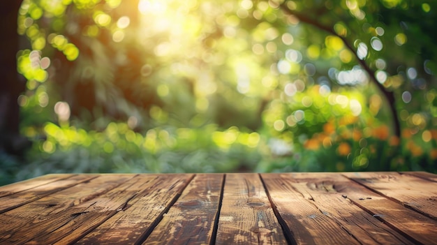 Tavolo da giardino in legno con sfondo sfocato estivo