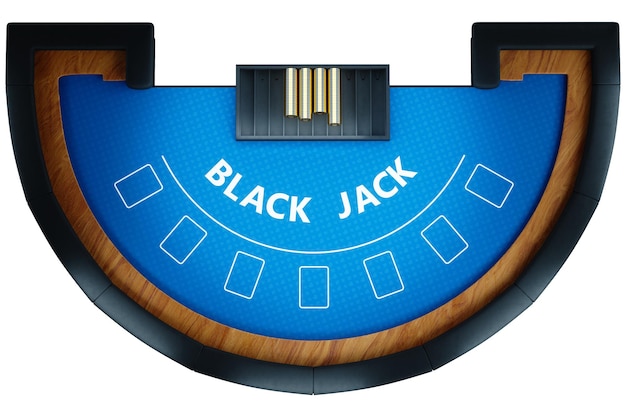 Tavolo da gioco di carte Blackjack isolato su sfondo bianco vista dall'alto Tela blu Il concetto di giochi di carte da gioco da casinò Rischio di scommesse online Rendering 3D Illustrazione 3D