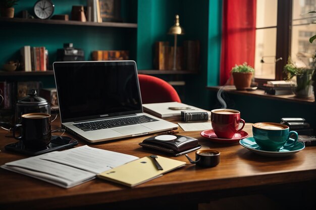 Tavolo da lavoro con caffè portatile e documenti all'interno della casa