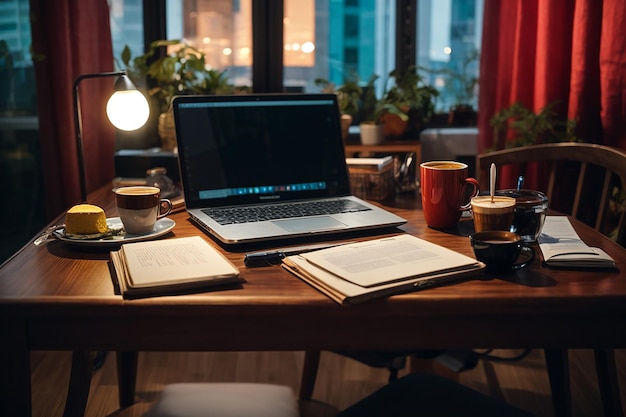 Tavolo da lavoro con caffè portatile e documenti all'interno della casa