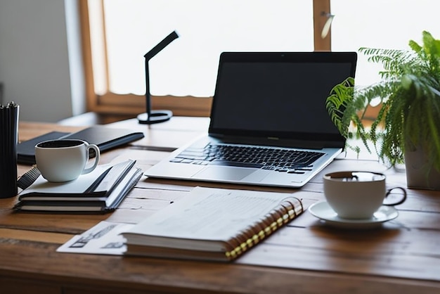 Tavolo da lavoro con caffè portatile e documenti nell'interno della casa