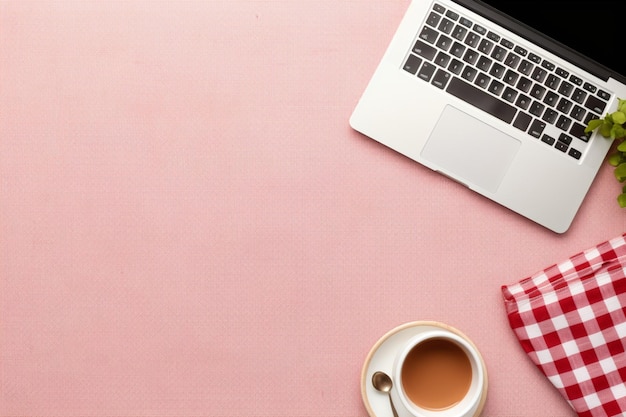 Tavolo da lavoro femminile con stoffa da tavolo rosso chiaro, portatile, caffè e quaderno