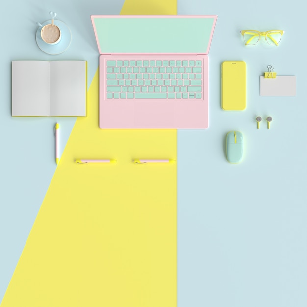 Tavolo da lavoro pastello con laptop, notebook, caffè, smartphone e forniture.