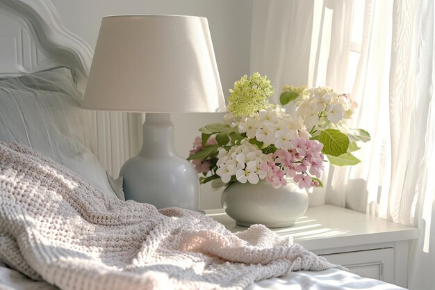 Tavolo da letto con lampada e fiori in camera da letto AI generativa