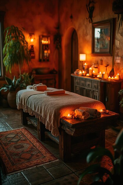 Tavolo da massaggio con candele nella stanza per un'atmosfera rilassante