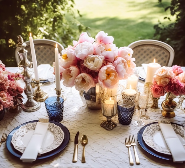 Tavolo da matrimonio con bouquet di peonie tavolo da pranzo formale apparecchiato con decorazione per la festa di nozze e la celebrazione di eventi generativa ai