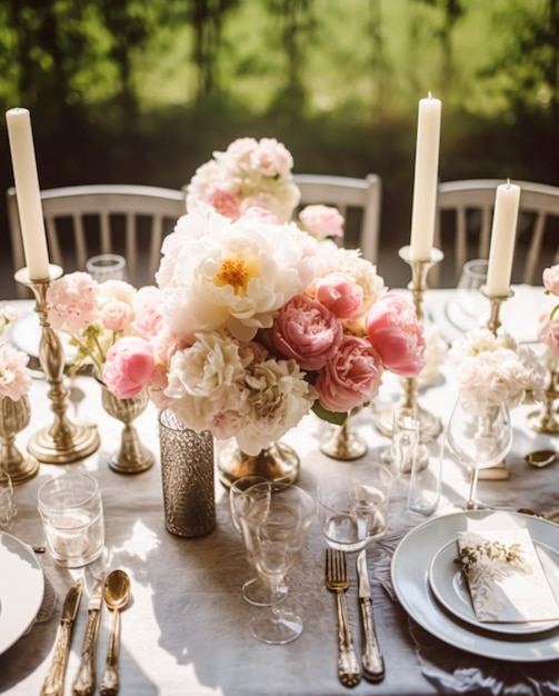 Tavolo da matrimonio con bouquet di peonie tavolo da pranzo formale apparecchiato con decorazione per la festa di nozze e la celebrazione di eventi generativa ai