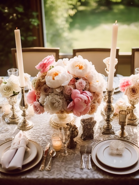 Tavolo da matrimonio con bouquet di peonie tavolo da pranzo formale apparecchiato con decorazione per la festa di nozze e la celebrazione di eventi generativa ai