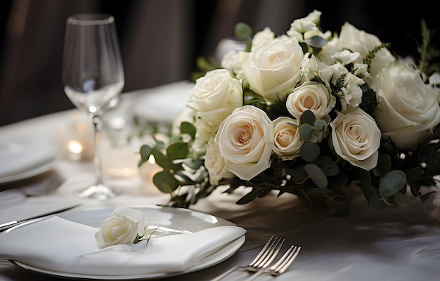 tavolo da matrimonio decorato con fiori di rosa bianca e candele