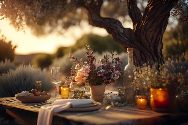 Tavolo da matrimonio festivo all'aperto con fiori tra il grande albero di ulivi con luci del tramonto estivo