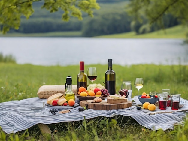 tavolo da picnic sul prato con cibo e una bottiglia di buon vino vicino al lago