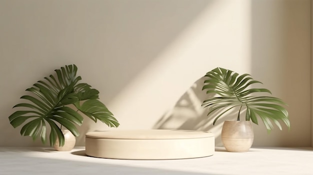 Tavolo da podio in legno di ceppo naturale minimo alla luce del sole ombra di foglia di palma in parete color crema bianca IA generativa