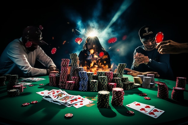 Tavolo da poker con chip di carte e giocatori che distribuiscono le loro carte