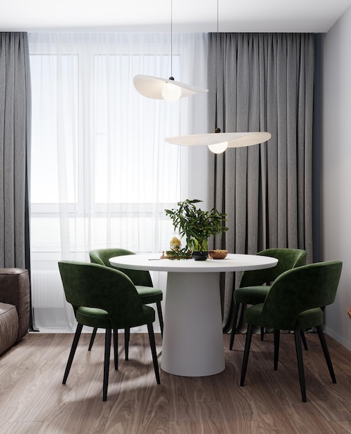 Tavolo da pranzo con sedie verdi e tavolo vicino alla finestra rendering 3d di interni domestici moderni