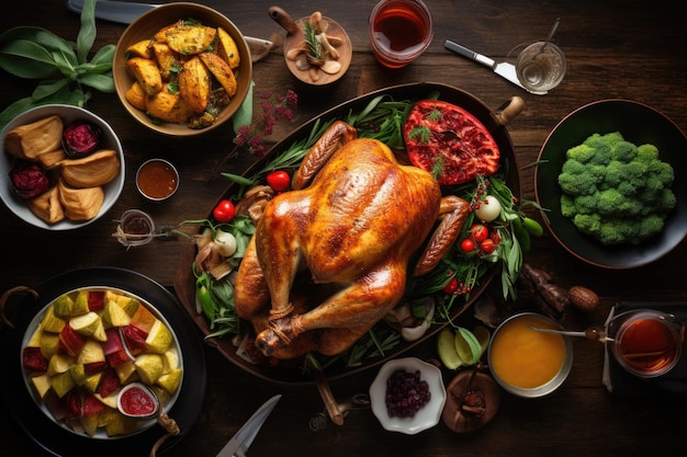 Tavolo da pranzo con tacchino arrosto per la celebrazione del Ringraziamento Pasto tradizionale americano per la vista dall'alto delle vacanze