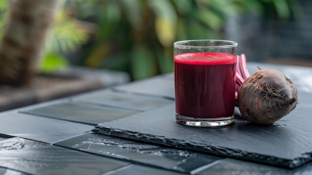 tavolo da pranzo con un bicchiere di succo di barbabietole e una barbabietola cruda