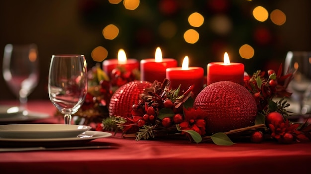 tavolo da pranzo cristmas adornato con candele holly e ornamenti scintillanti