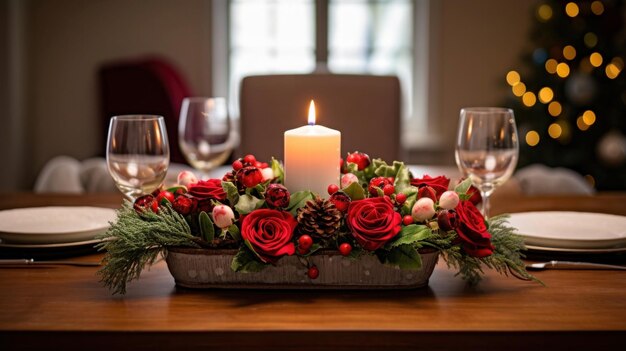 tavolo da pranzo cristmas adornato con candele holly e ornamenti scintillanti