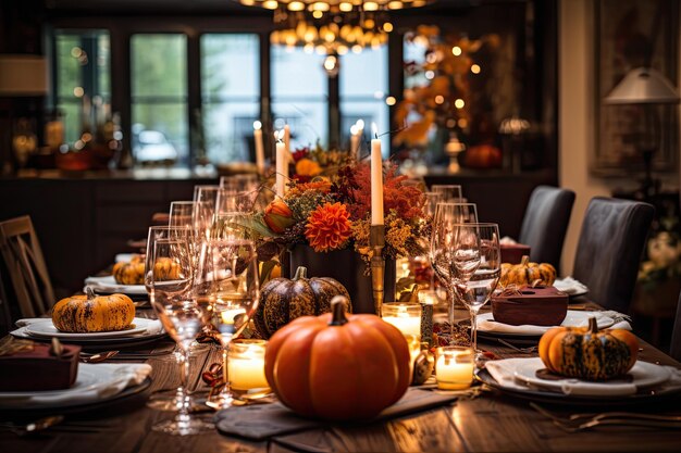 Tavolo da pranzo decorato per un'accogliente riunione natalizia d'autunno