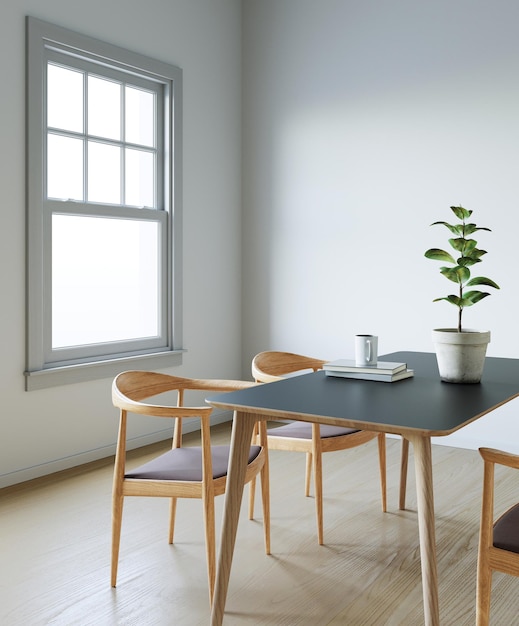 Tavolo da pranzo e sedia in stile minimale nell'illustrazione 3D della stanza bianca