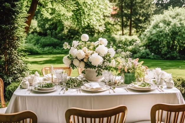 Tavolo da pranzo formale per le vacanze con tavolo da pranzo con fiori di peonia con decorazione di peonie per la festa di nozze e la celebrazione dell'evento ai generativa post-elaborata