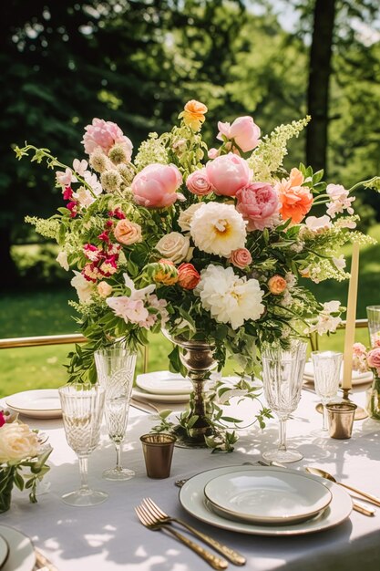 Tavolo da pranzo formale per le vacanze con tavolo da pranzo con fiori di peonia con decorazioni di peonie per la festa di nozze e la celebrazione di eventi generativa ai
