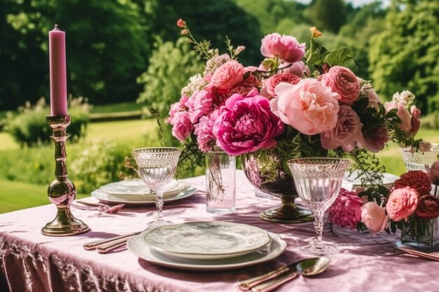 Tavolo da pranzo formale per le vacanze con tavolo da pranzo in peonia rosa con decorazione di peonie per la festa di nozze e la celebrazione di eventi generativa ai