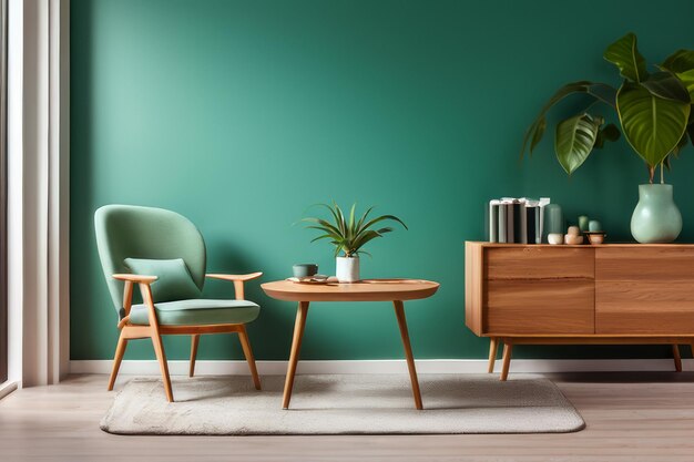 Tavolo da pranzo in legno e sedie contro parete verde scuro design d'interno scandinavo di metà secolo